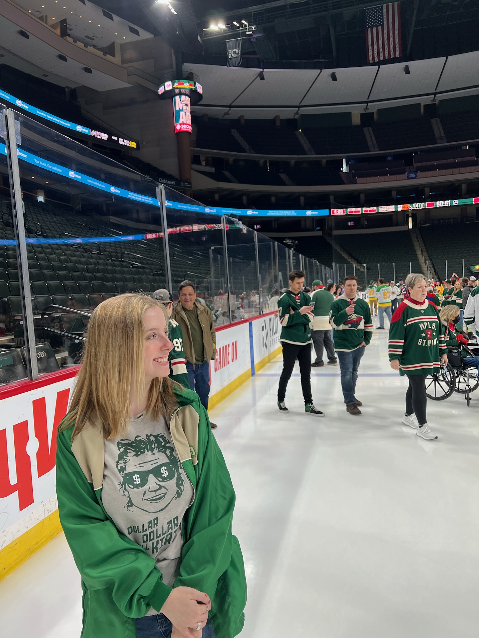 Sydney on the ice at Xcel Energy Center before a Minnesota Wild Game